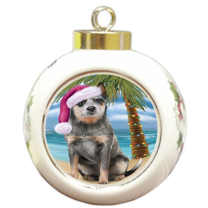Summertime Happy Holidays Christmas Blue Heeler Dog on Tropical Island Beach Round Ball Christmas Ornament RBPOR54542