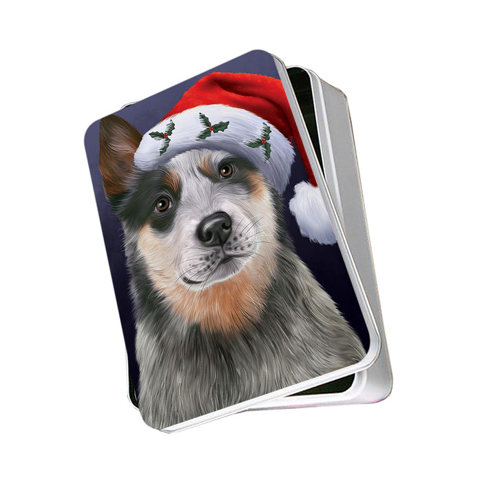Christmas Holidays Blue Heeler Dog Wearing Santa Hat Portrait Head Photo Storage Tin PITN53493