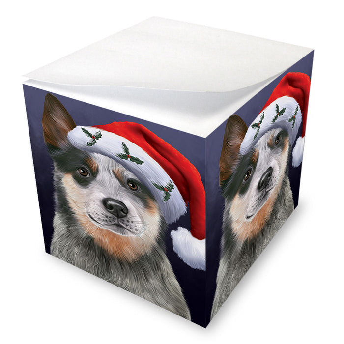Christmas Holidays Blue Heeler Dog Wearing Santa Hat Portrait Head Note Cube NOC55139