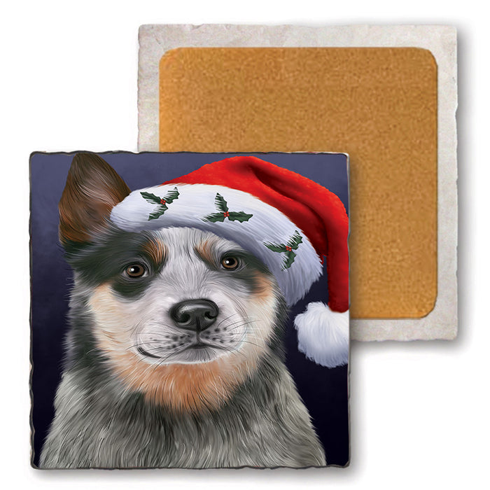 Christmas Holidays Blue Heeler Dog Wearing Santa Hat Portrait Head Set of 4 Natural Stone Marble Tile Coasters MCST48493