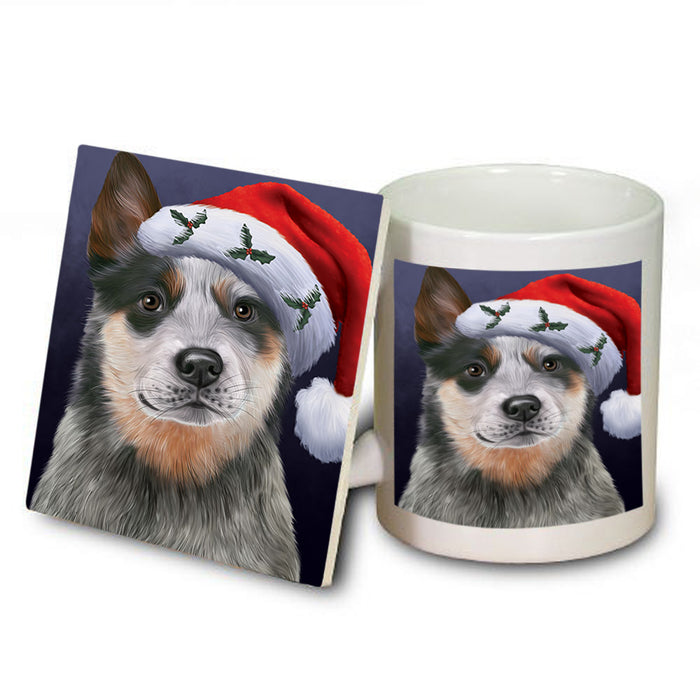 Christmas Holidays Blue Heeler Dog Wearing Santa Hat Portrait Head Mug and Coaster Set MUC53485