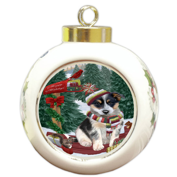 Merry Christmas Woodland Sled Blue Heeler Dog Round Ball Christmas Ornament RBPOR55211