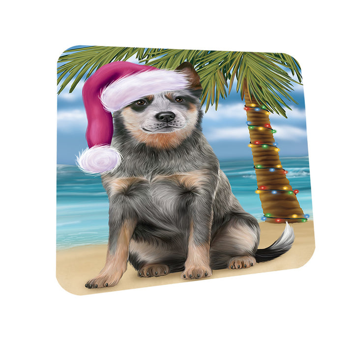 Summertime Happy Holidays Christmas Blue Heeler Dog on Tropical Island Beach Coasters Set of 4 CST54372