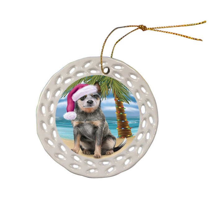 Summertime Happy Holidays Christmas Blue Heeler Dog on Tropical Island Beach Ceramic Doily Ornament DPOR54542