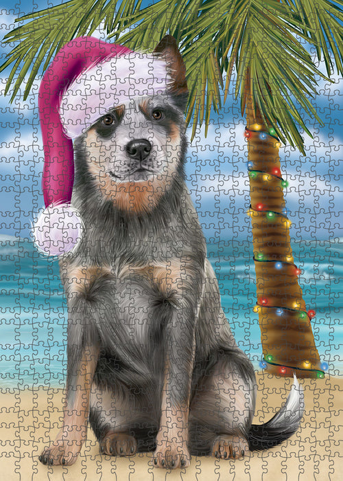 Summertime Happy Holidays Christmas Blue Heeler Dog on Tropical Island Beach Puzzle with Photo Tin PUZL85324