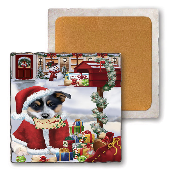 Blue Heeler Dog Dear Santa Letter Christmas Holiday Mailbox Set of 4 Natural Stone Marble Tile Coasters MCST48526
