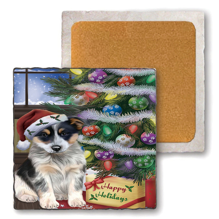 Christmas Happy Holidays Blue Heeler Dog with Tree and Presents Set of 4 Natural Stone Marble Tile Coasters MCST48445