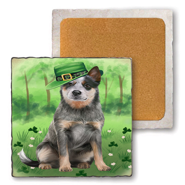St. Patricks Day Irish Portrait Blue Heeler Dog Set of 4 Natural Stone Marble Tile Coasters MCST51988