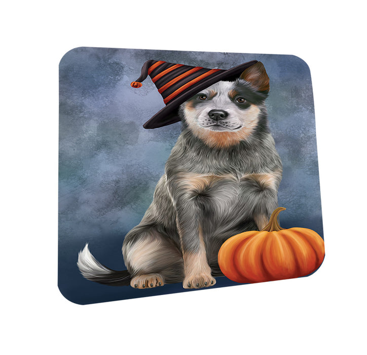 Happy Halloween Blue Heeler Dog Wearing Witch Hat with Pumpkin Coasters Set of 4 CST54678