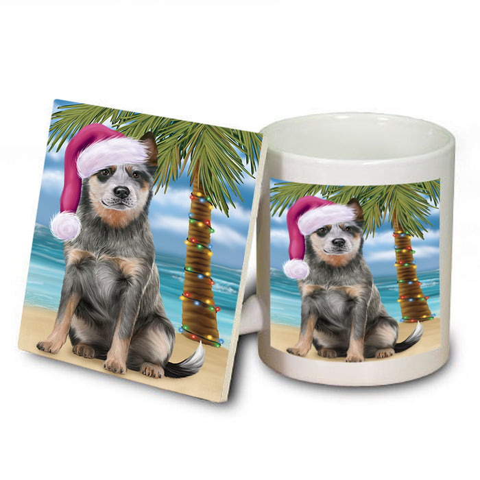 Summertime Happy Holidays Christmas Blue Heeler Dog on Tropical Island Beach Mug and Coaster Set MUC54406