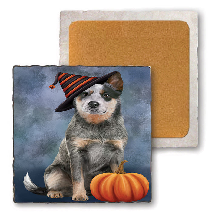 Happy Halloween Blue Heeler Dog Wearing Witch Hat with Pumpkin Set of 4 Natural Stone Marble Tile Coasters MCST49720