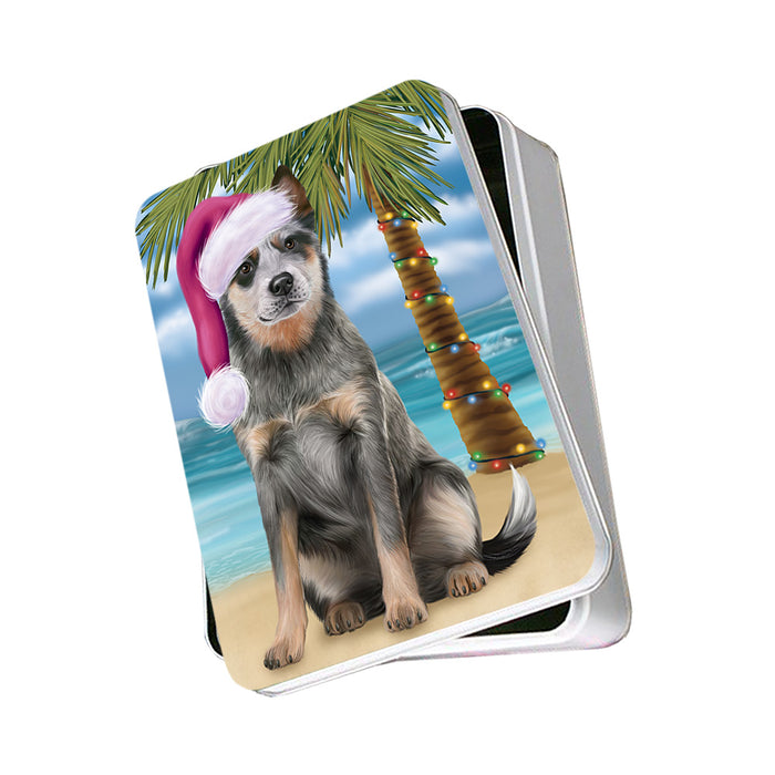 Summertime Happy Holidays Christmas Blue Heeler Dog on Tropical Island Beach Photo Storage Tin PITN54357