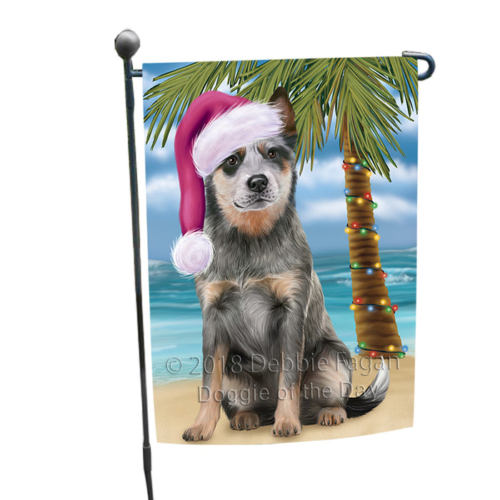 Summertime Happy Holidays Christmas Blue Heeler Dog on Tropical Island Beach Garden Flag GFLG54604