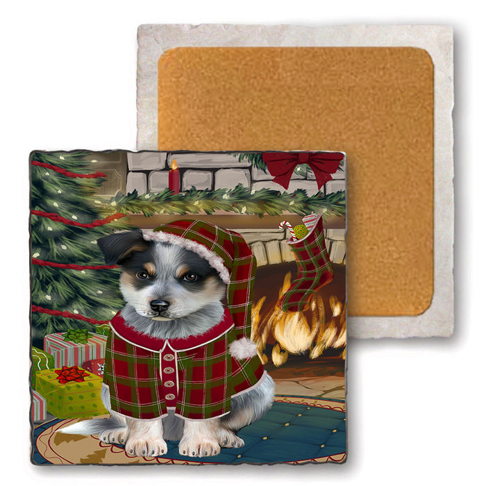 The Stocking was Hung Blue Heeler Dog Set of 4 Natural Stone Marble Tile Coasters MCST50224