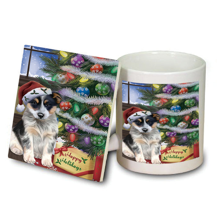 Christmas Happy Holidays Blue Heeler Dog with Tree and Presents Mug and Coaster Set MUC53437