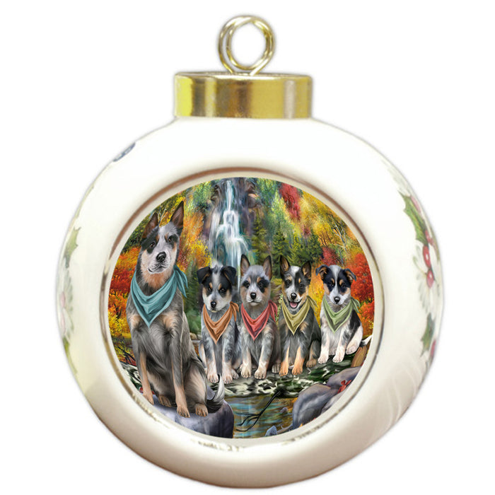 Scenic Waterfall Blue Heelers Dog Round Ball Christmas Ornament RBPOR51830