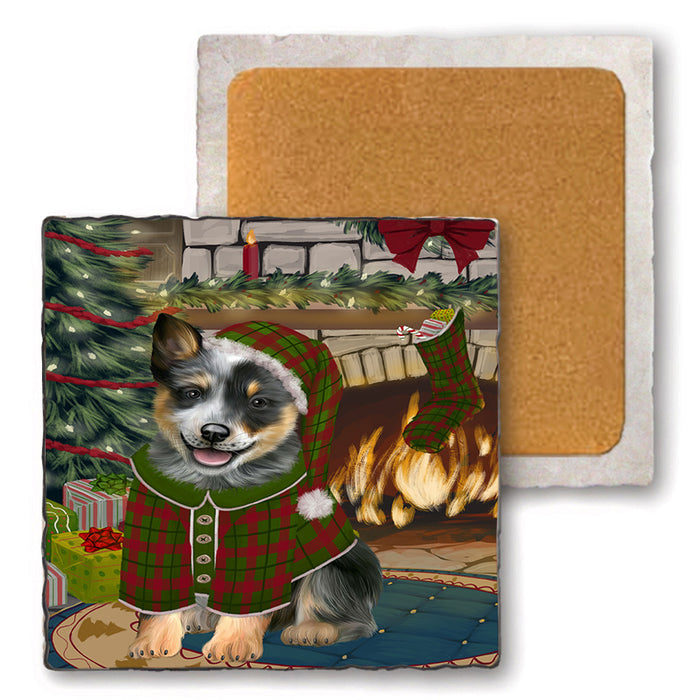 The Stocking was Hung Blue Heeler Dog Set of 4 Natural Stone Marble Tile Coasters MCST50225