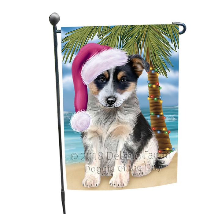 Summertime Happy Holidays Christmas Blue Heeler Dog on Tropical Island Beach Garden Flag GFLG54605