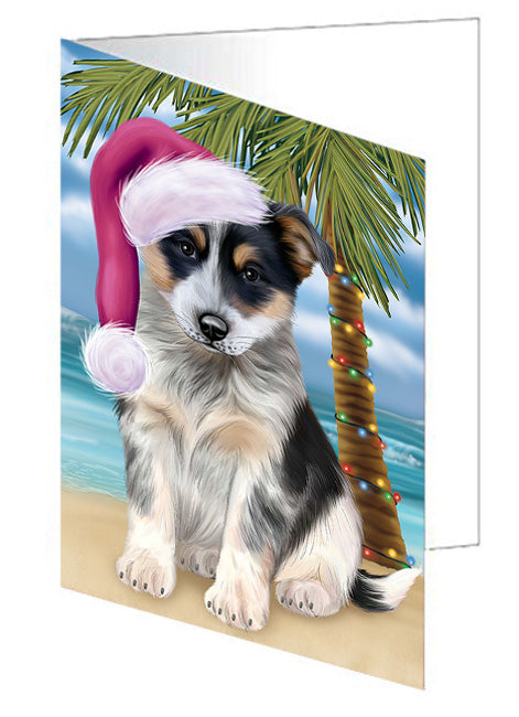 Summertime Happy Holidays Christmas Blue Heeler Dog on Tropical Island Beach Handmade Artwork Assorted Pets Greeting Cards and Note Cards with Envelopes for All Occasions and Holiday Seasons GCD67658
