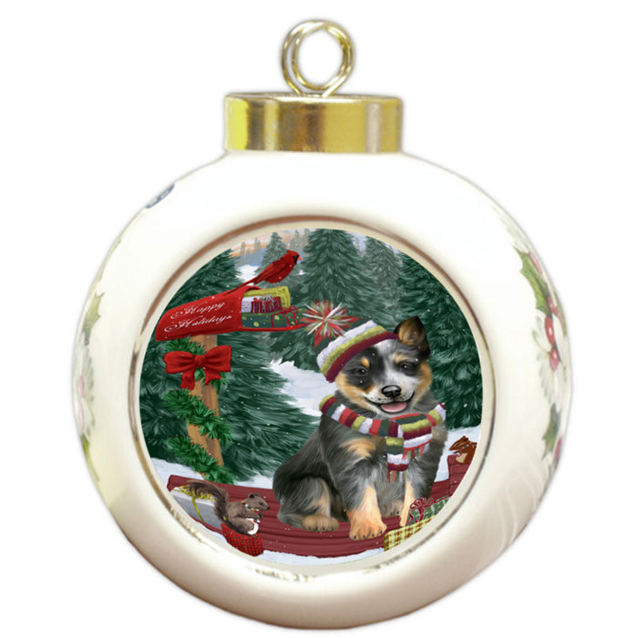 Merry Christmas Woodland Sled Blue Heeler Dog Round Ball Christmas Ornament RBPOR55212