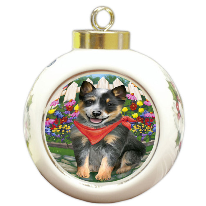 Spring Floral Blue Heeler Dog Round Ball Christmas Ornament RBPOR52242