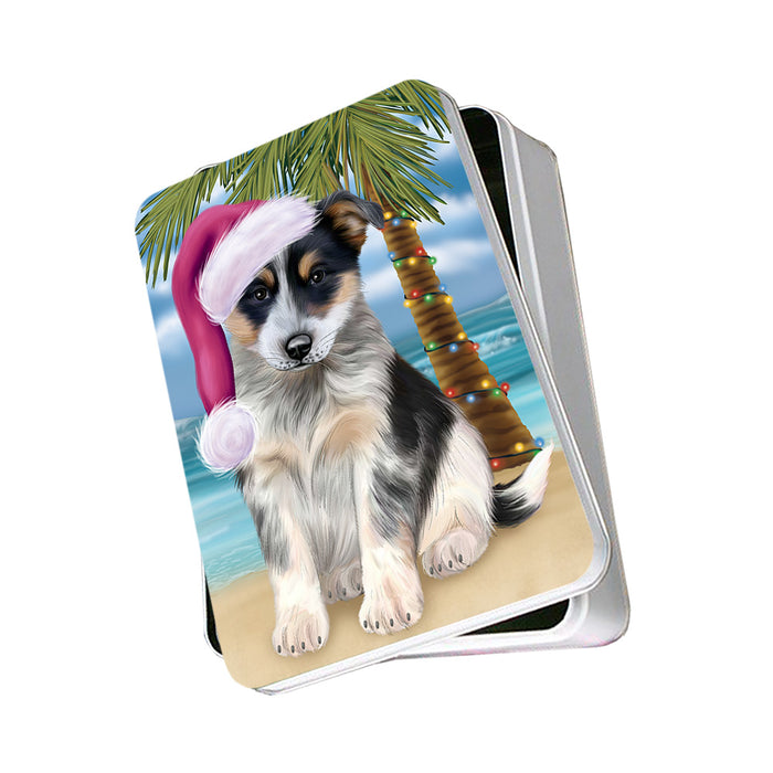 Summertime Happy Holidays Christmas Blue Heeler Dog on Tropical Island Beach Photo Storage Tin PITN54358