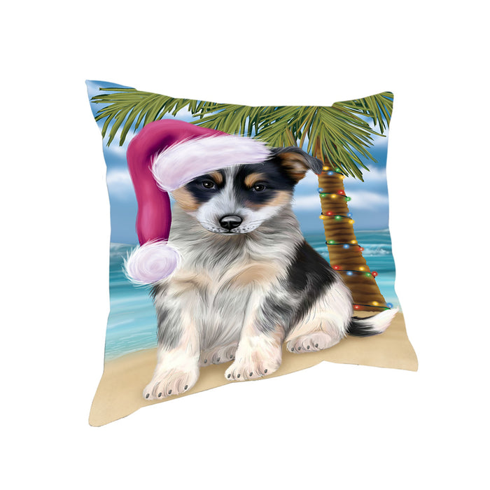 Summertime Happy Holidays Christmas Blue Heeler Dog on Tropical Island Beach Pillow PIL74796