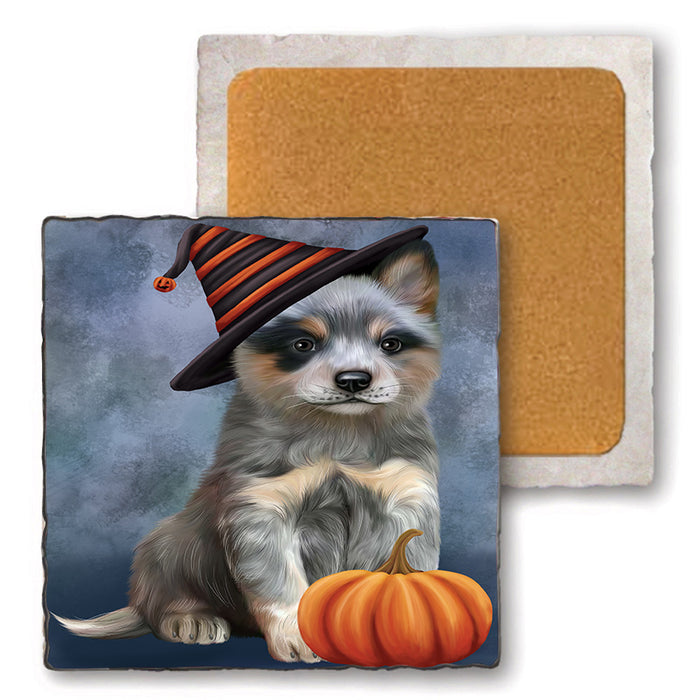 Happy Halloween Blue Heeler Dog Wearing Witch Hat with Pumpkin Set of 4 Natural Stone Marble Tile Coasters MCST49721