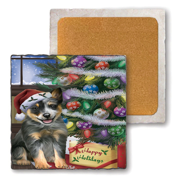 Christmas Happy Holidays Blue Heeler Dog with Tree and Presents Set of 4 Natural Stone Marble Tile Coasters MCST48446