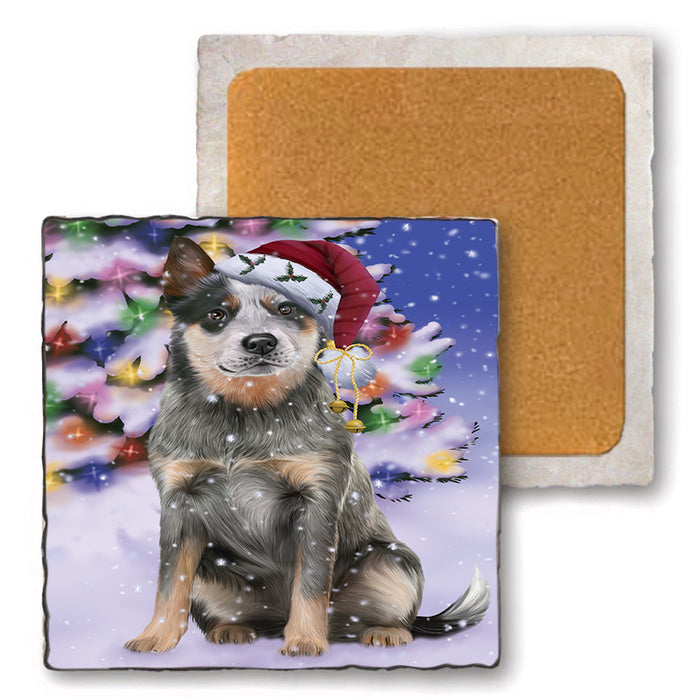Winterland Wonderland Blue Heeler Dog In Christmas Holiday Scenic Background Set of 4 Natural Stone Marble Tile Coasters MCST48740