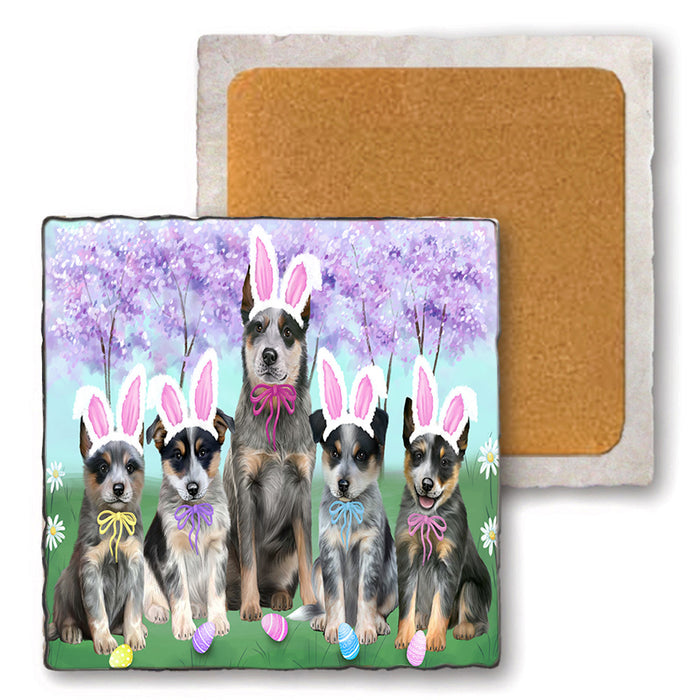 Easter Holiday Blue Heelers Dog Set of 4 Natural Stone Marble Tile Coasters MCST51885