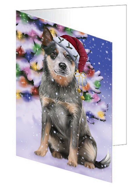 Winterland Wonderland Blue Heeler Dog In Christmas Holiday Scenic Background Handmade Artwork Assorted Pets Greeting Cards and Note Cards with Envelopes for All Occasions and Holiday Seasons GCD65249