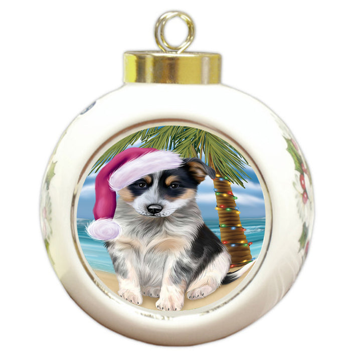 Summertime Happy Holidays Christmas Blue Heeler Dog on Tropical Island Beach Round Ball Christmas Ornament RBPOR54543