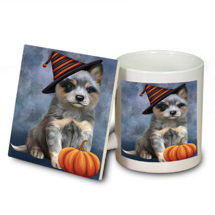 Happy Halloween Blue Heeler Dog Wearing Witch Hat with Pumpkin Mug and Coaster Set MUC54713