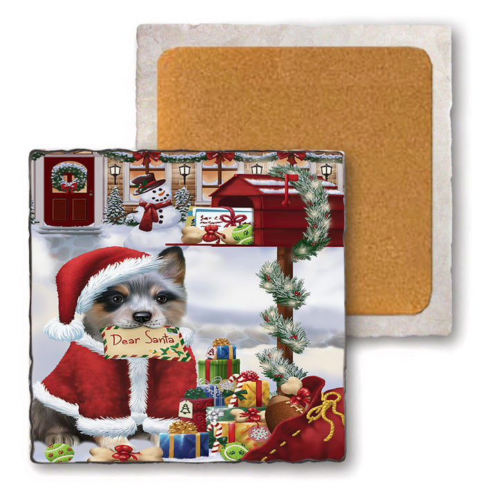 Blue Heeler Dog Dear Santa Letter Christmas Holiday Mailbox Set of 4 Natural Stone Marble Tile Coasters MCST48527