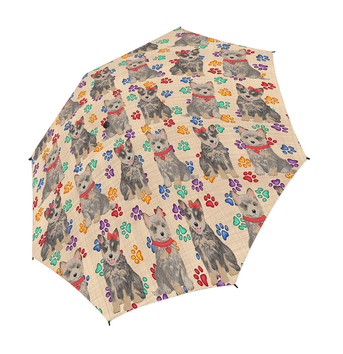 Rainbow Paw Print Blue Heeler Dogs Red Semi-Automatic Foldable Umbrella