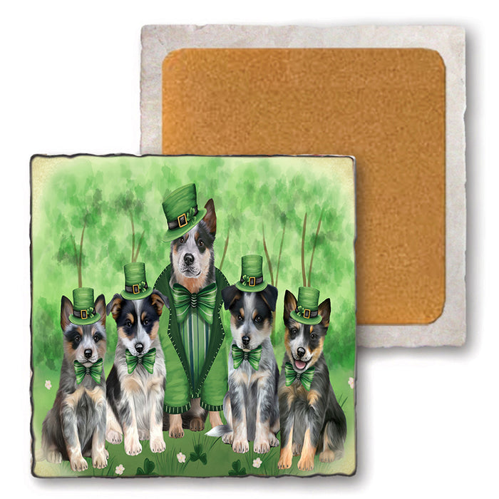 St. Patricks Day Irish Portrait Blue Heeler Dogs Set of 4 Natural Stone Marble Tile Coasters MCST51989