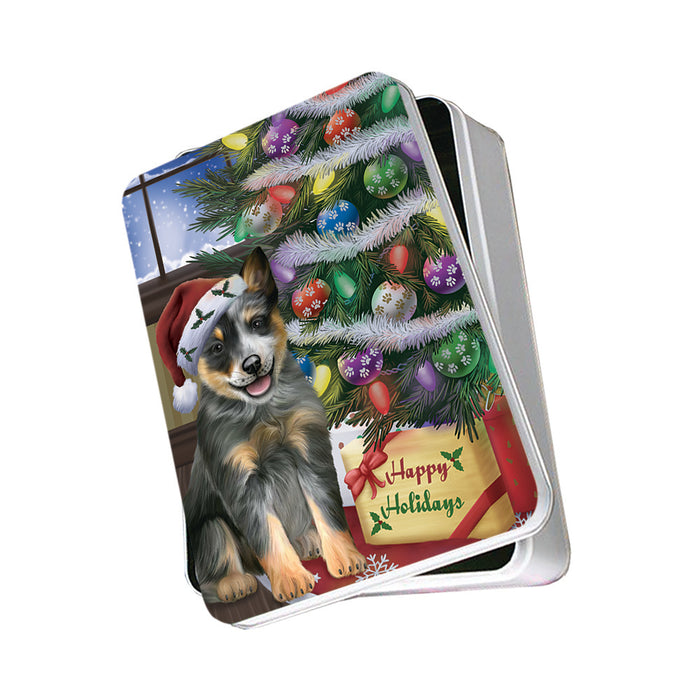 Christmas Happy Holidays Blue Heeler Dog with Tree and Presents Photo Storage Tin PITN53446