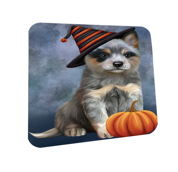 Happy Halloween Blue Heeler Dog Wearing Witch Hat with Pumpkin Coasters Set of 4 CST54679