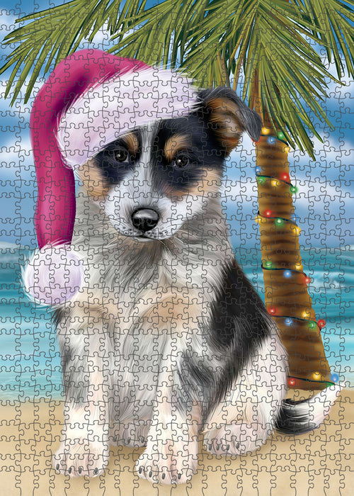 Summertime Happy Holidays Christmas Blue Heeler Dog on Tropical Island Beach Puzzle with Photo Tin PUZL85328