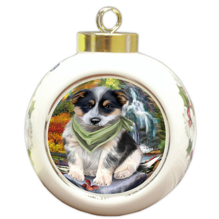 Scenic Waterfall Blue Heeler Dog Round Ball Christmas Ornament RBPOR51831