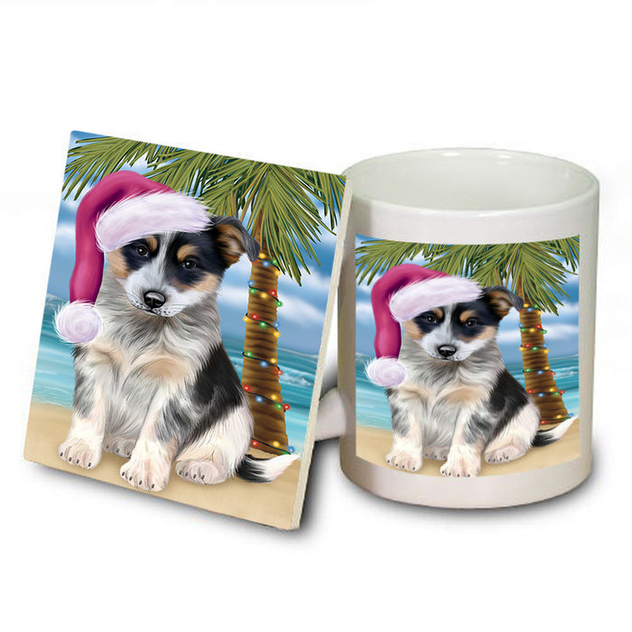 Summertime Happy Holidays Christmas Blue Heeler Dog on Tropical Island Beach Mug and Coaster Set MUC54407