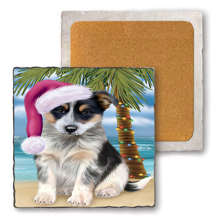 Summertime Happy Holidays Christmas Blue Heeler Dog on Tropical Island Beach Set of 4 Natural Stone Marble Tile Coasters MCST49415