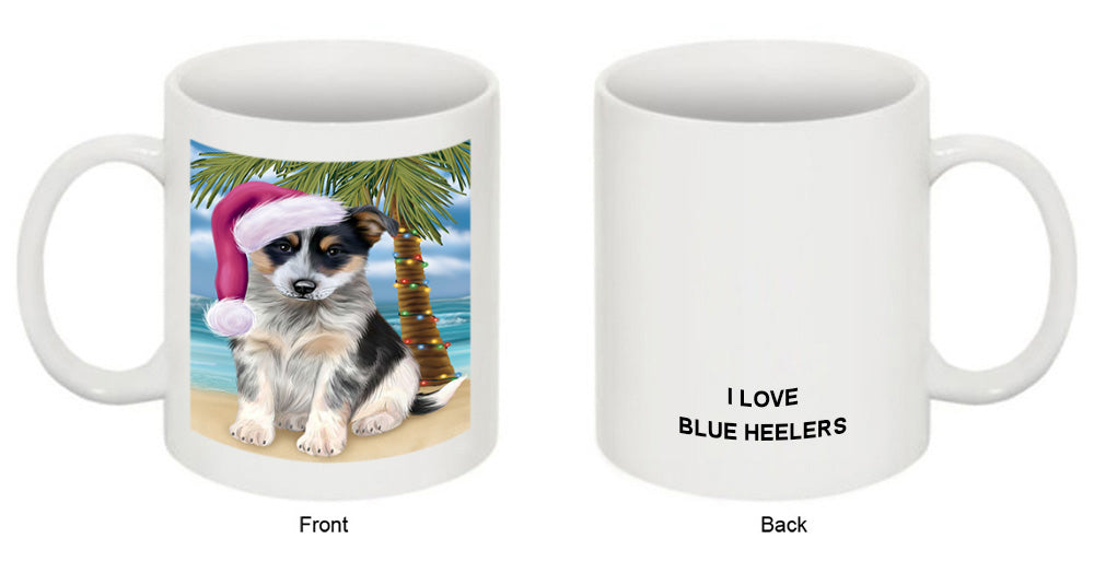 Summertime Happy Holidays Christmas Blue Heeler Dog on Tropical Island Beach Coffee Mug MUG49813