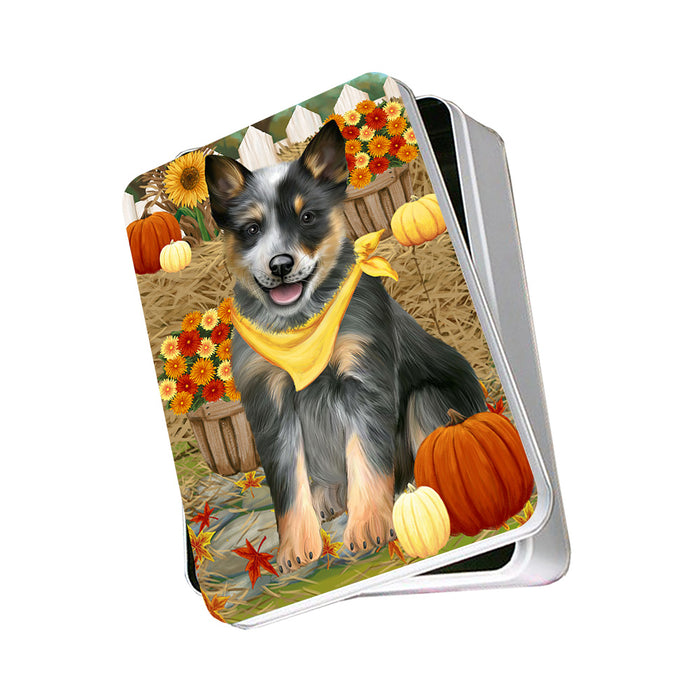Fall Autumn Greeting Blue Heeler Dog with Pumpkins Photo Storage Tin PITN52313