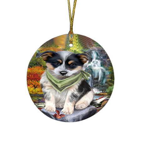 Scenic Waterfall Blue Heeler Dog Round Flat Christmas Ornament RFPOR51822