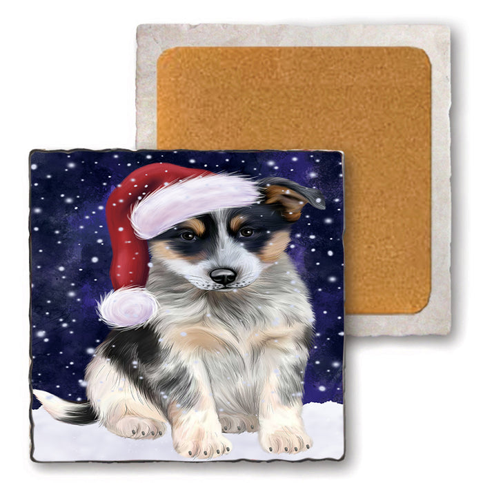 Let it Snow Christmas Holiday Blue Heeler Dog Wearing Santa Hat Set of 4 Natural Stone Marble Tile Coasters MCST49286