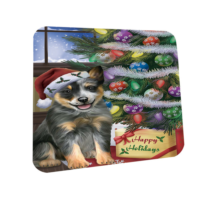 Christmas Happy Holidays Blue Heeler Dog with Tree and Presents Coasters Set of 4 CST53404