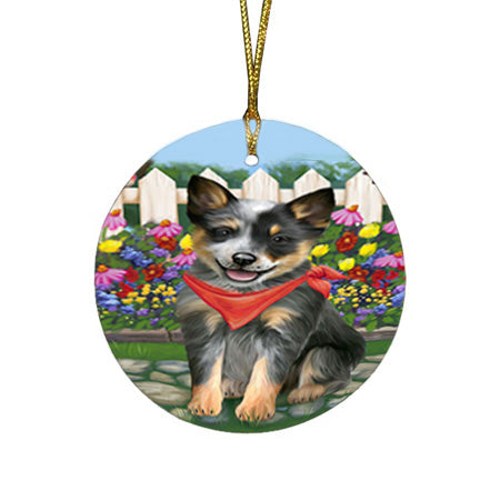 Spring Floral Blue Heeler Dog Round Flat Christmas Ornament RFPOR52233