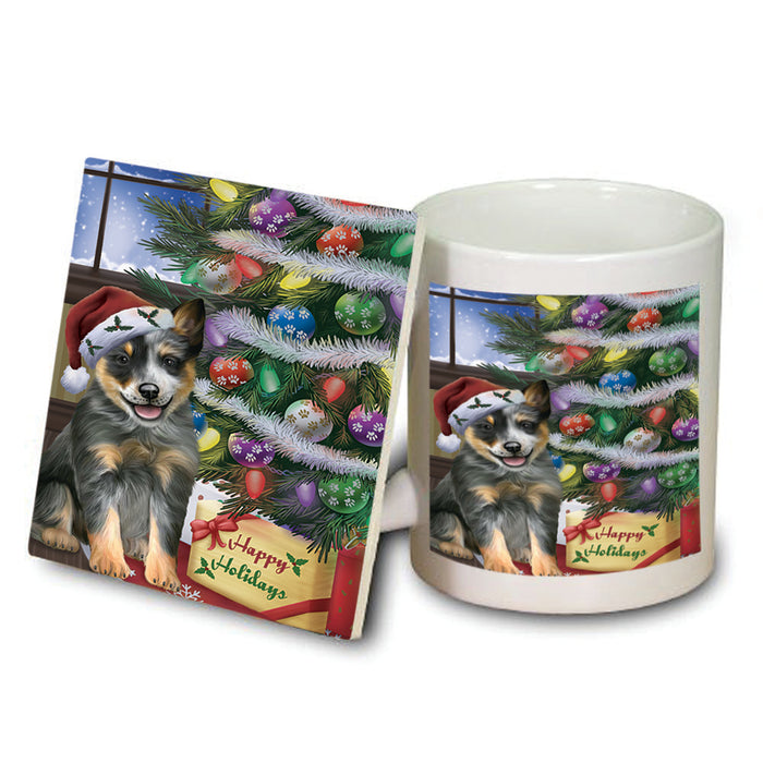 Christmas Happy Holidays Blue Heeler Dog with Tree and Presents Mug and Coaster Set MUC53438